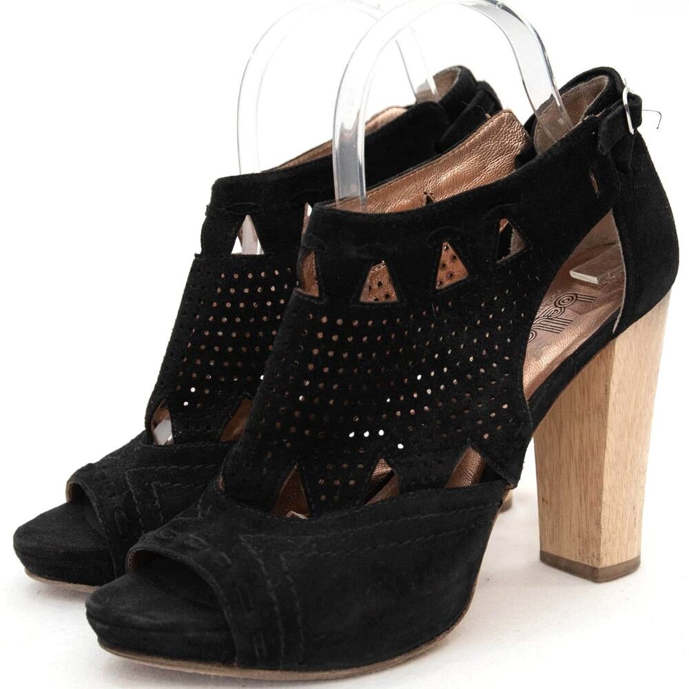 Belle by Sigerson Morrison Black Suede Cutout Peep-Toe Block Heel Sandals